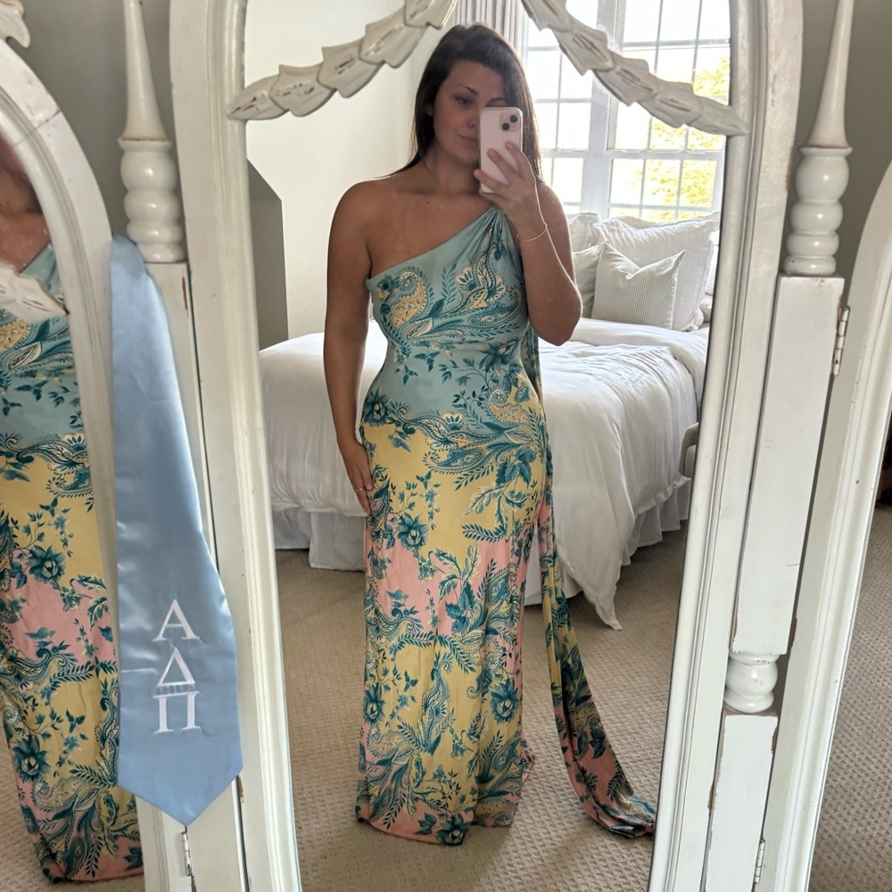 HEMANT & NANDITA One-Shoulder Floral Maxi Dress in Teal, Yellow & Pink - Picture 3 of 3